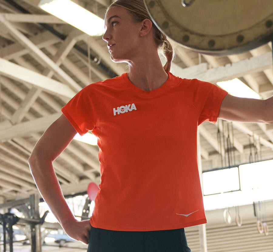 Hoka One One Performance Kort Sleeve Top Dam - Orange - ECDSG-0362